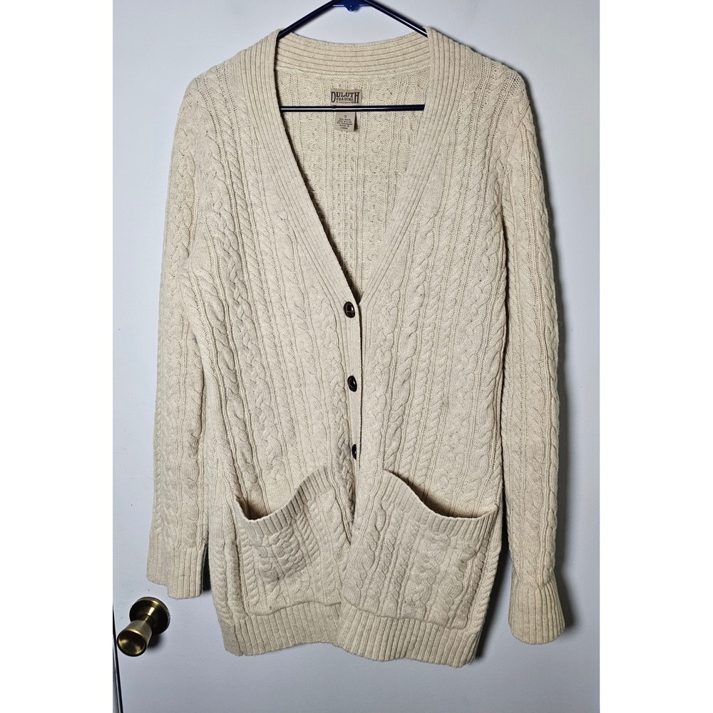 Duluth Trading Co Wool Cashmere Cable Knit Cardigan Sweater Cream Size Small